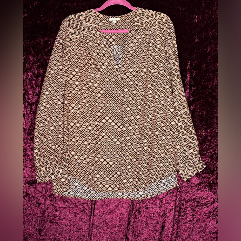 Pleione Orange Black Gray Abstract Long Sleeve Lightweight Flowy Top Sz L